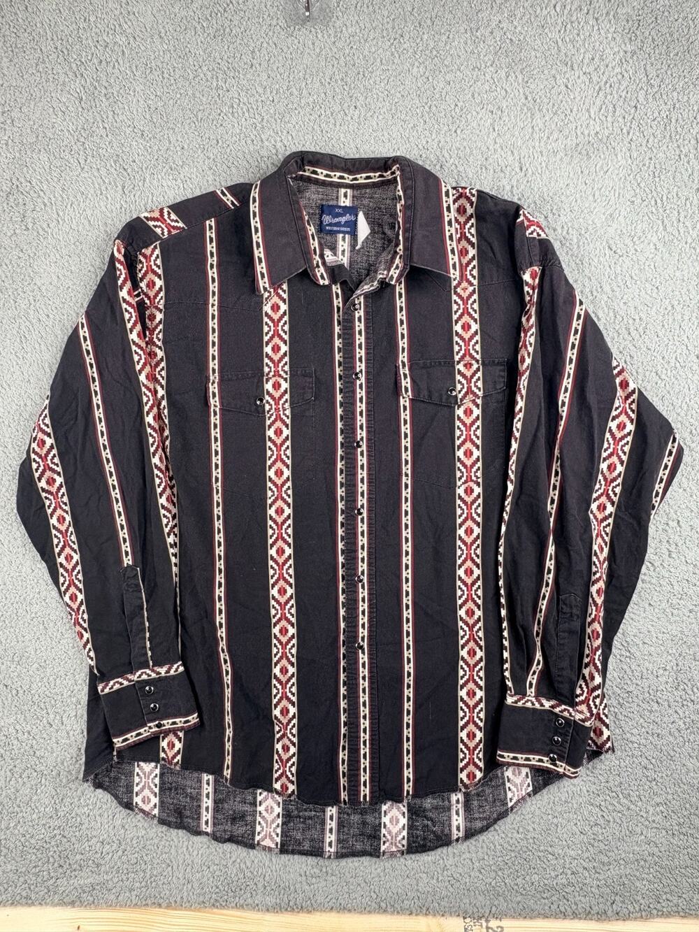 Vintage Wrangler Western Button Up Shirt Men's Size XXL Black Red Striped